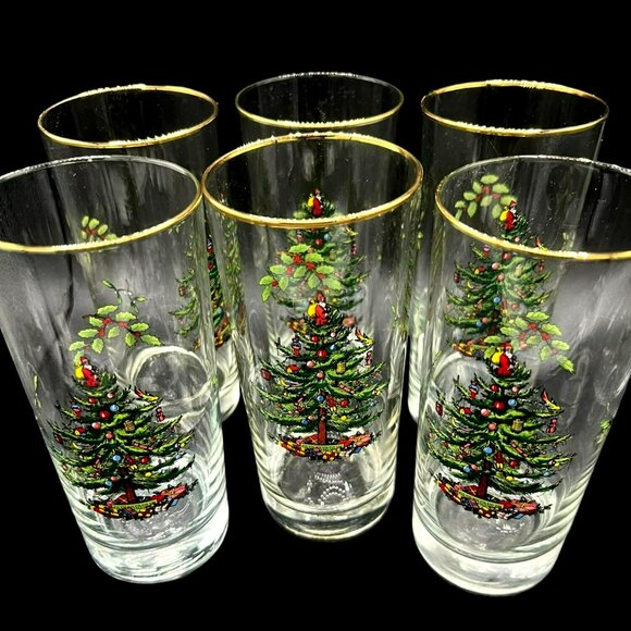 Set of 6 SPODE 10 oz Tumblers Christmas Tree Gold Trim - Picture 3 of 5